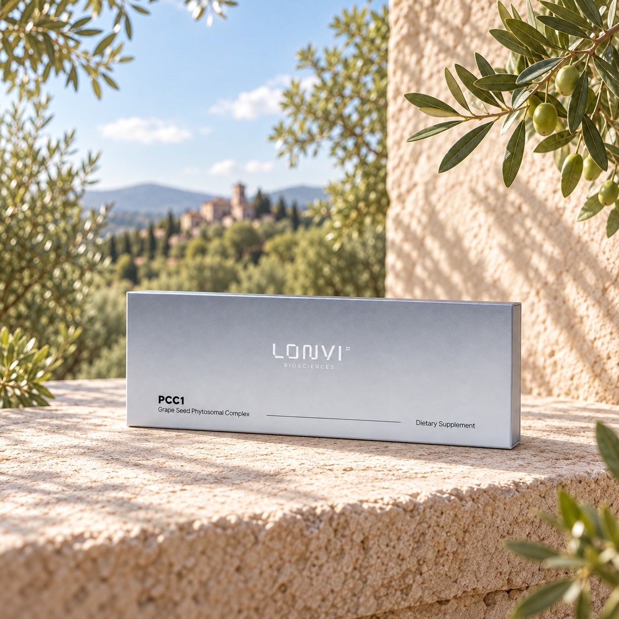 Lonvi PCC1 carton on limestone beside green leaves.