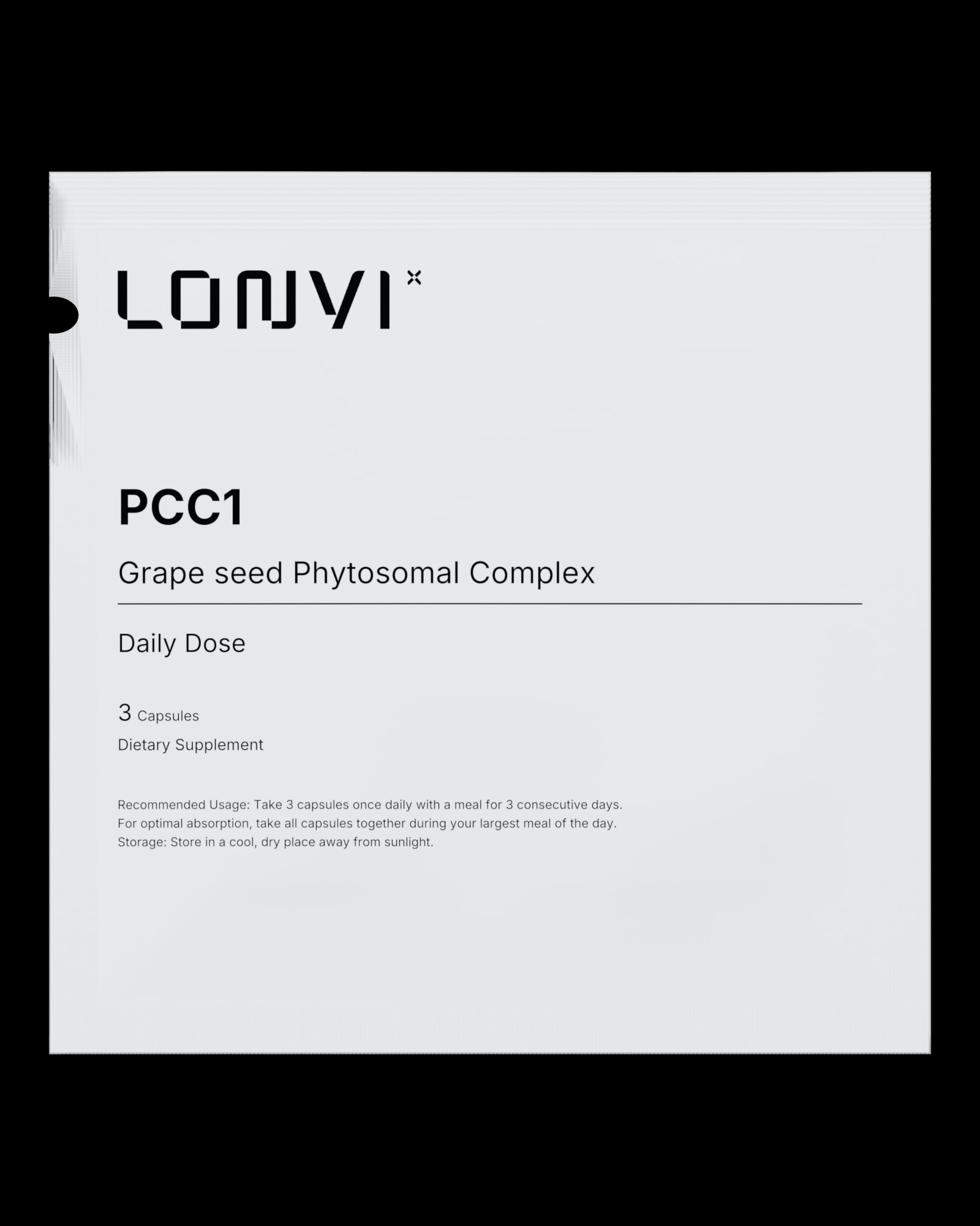 A Lonvi PCC1 sachet containing one day's 3 capsules.